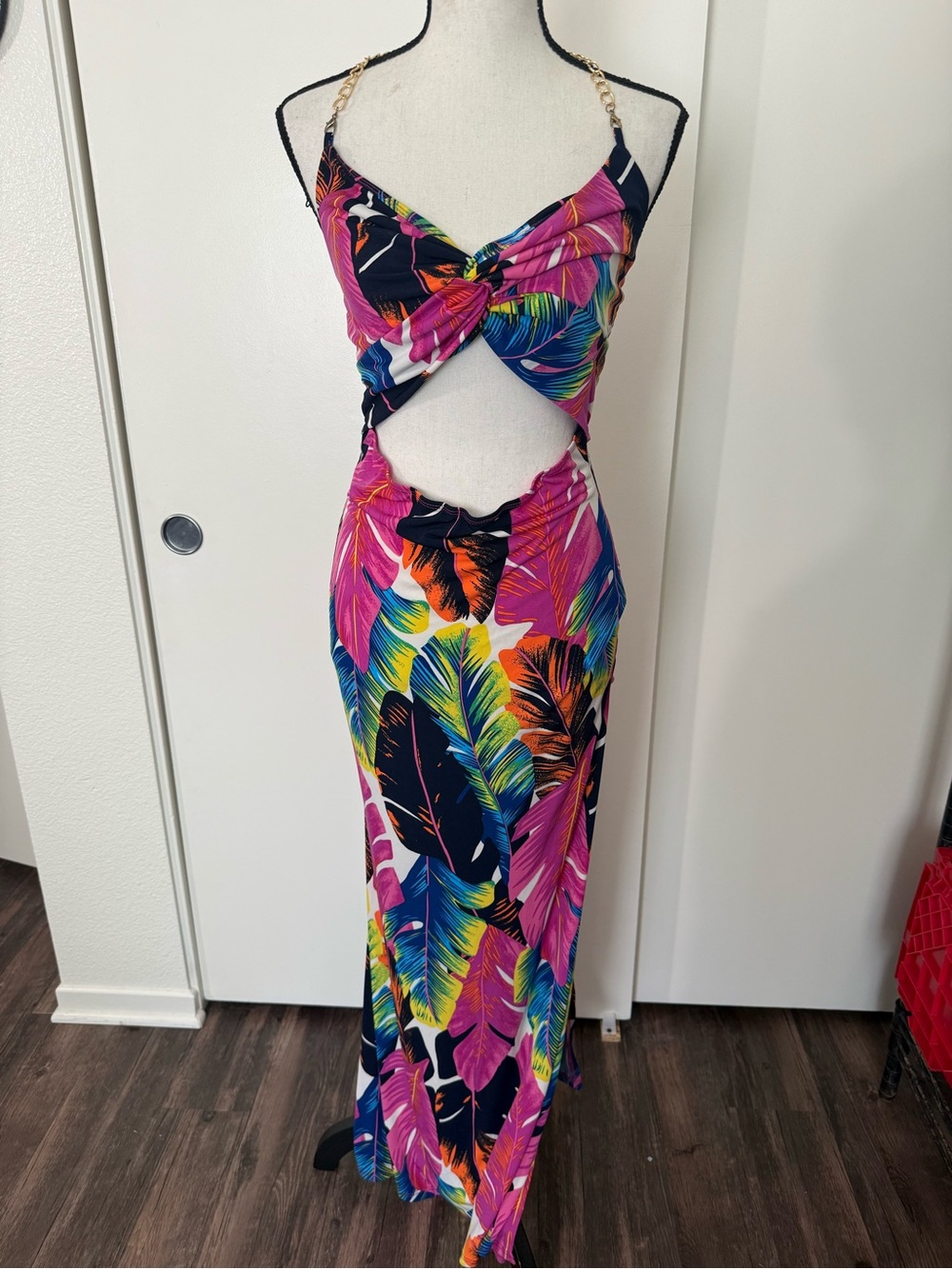 Fashion Nova Tropical Leaf Cutout Maxi Dress in Pink & Navy
